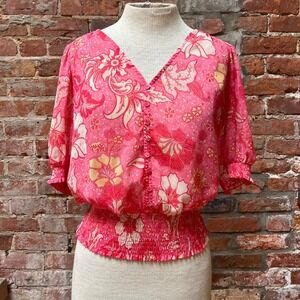 Joie Pink Floral Metallic Smocked Waist Blouse V-Neck Puff Sleeve Top 1258452 M